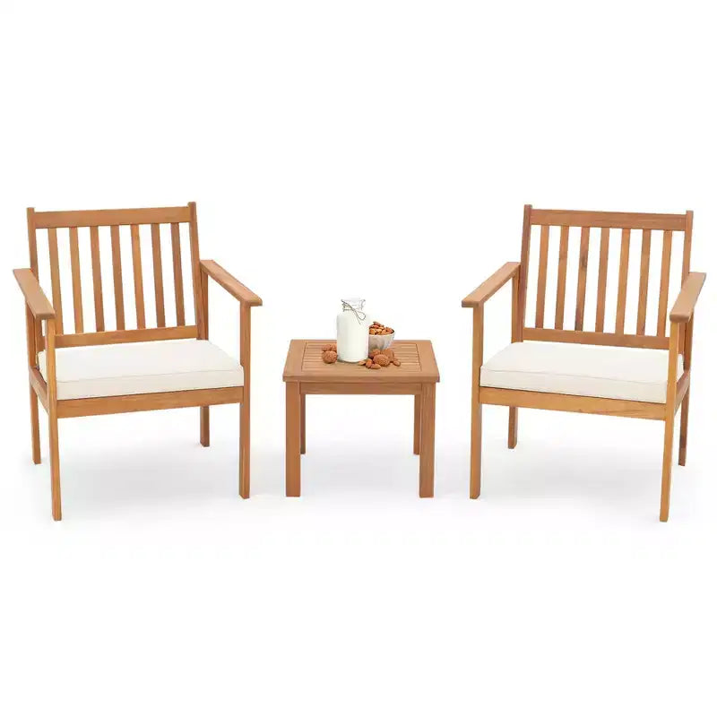 Costway Ensemble mobilier de patio 3 pièces en bois d'acacia avec chaises et table basse avec coussins souples Gris/Blanc