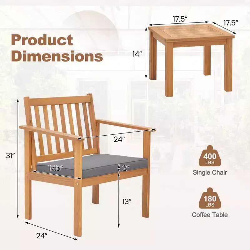 Costway Ensemble mobilier de patio 3 pièces en bois d'acacia avec chaises et table basse avec coussins souples Gris/Blanc