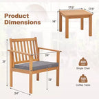 Costway Ensemble mobilier de patio 3 pièces en bois d'acacia avec chaises et table basse avec coussins souples Gris/Blanc