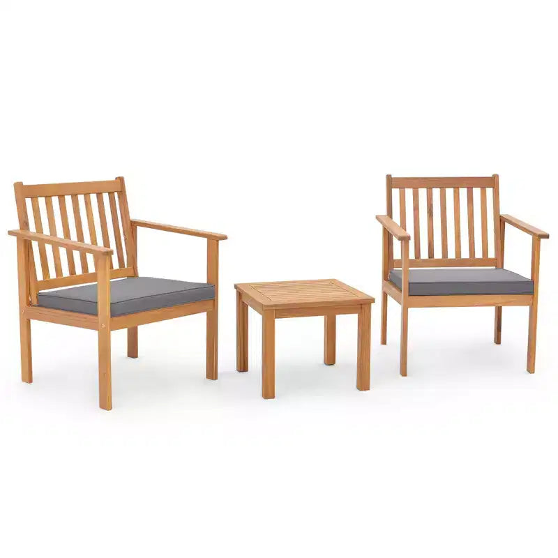 Costway Ensemble mobilier de patio 3 pièces en bois d'acacia avec chaises et table basse avec coussins souples Gris/Blanc