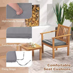Costway Ensemble mobilier de patio 3 pièces en bois d'acacia avec chaises et table basse avec coussins souples Gris/Blanc