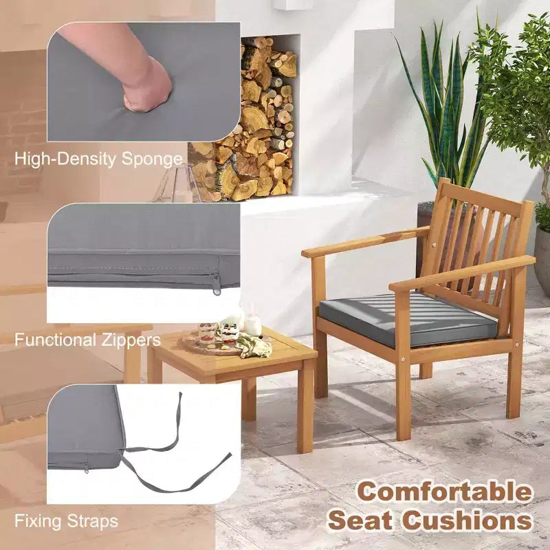 Costway Ensemble mobilier de patio 3 pièces en bois d'acacia avec chaises et table basse avec coussins souples Gris/Blanc