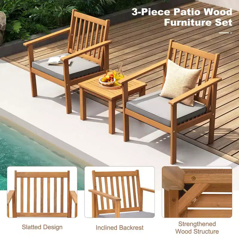 Costway Ensemble mobilier de patio 3 pièces en bois d'acacia avec chaises et table basse avec coussins souples Gris/Blanc