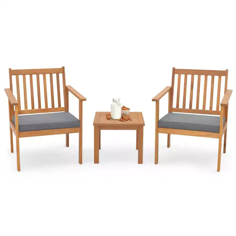 Costway Ensemble mobilier de patio 3 pièces en bois d'acacia avec chaises et table basse avec coussins souples Gris/Blanc