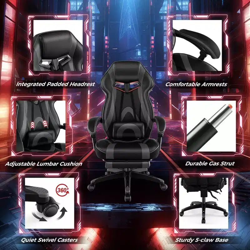 Chaise de jeu e-sport réglable Costway avec appuie-tête rembourré, support lombaire bleu/noir/gris/rouge