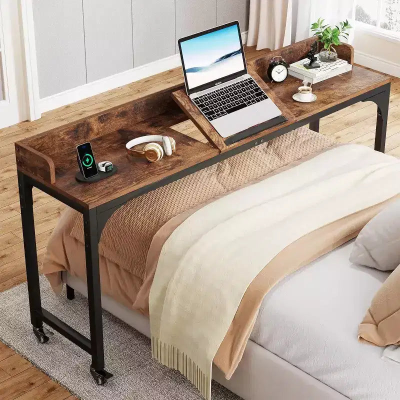 Lantine Queen Size Overbed Table, Over Bed Desk with Adjustable Tilt Stand, Mobile Laptop Cart Computer Desk for Home and Hospital