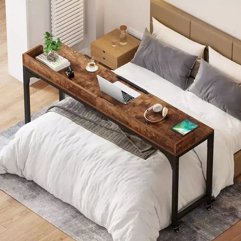 Lantine Queen Size Overbed Table, Over Bed Desk with Adjustable Tilt Stand, Mobile Laptop Cart Computer Desk for Home and Hospital