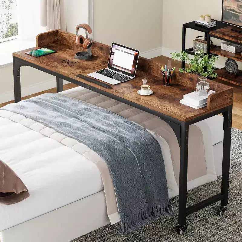 Lantine Queen Size Overbed Table, Over Bed Desk with Adjustable Tilt Stand, Mobile Laptop Cart Computer Desk for Home and Hospital