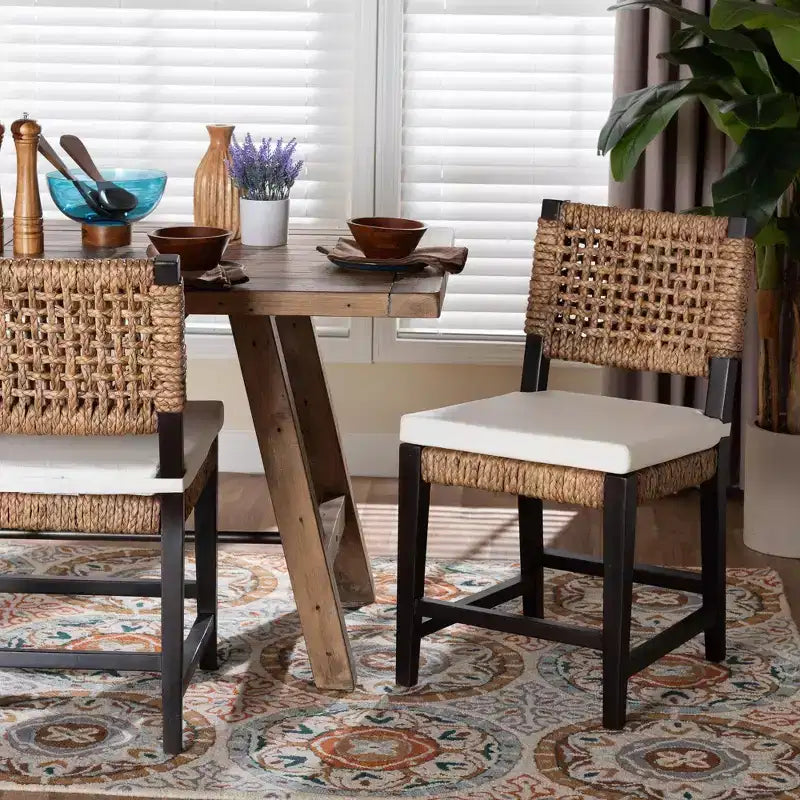 bali & pari Alise Modern Bohemian Dark Brown Mahogany Wood and Seagrass Dining Chair