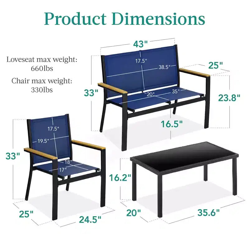 Ensemble de conversation d'extérieur 4 pièces en textilène pour terrasse avec causeuse et table Best Choice Products