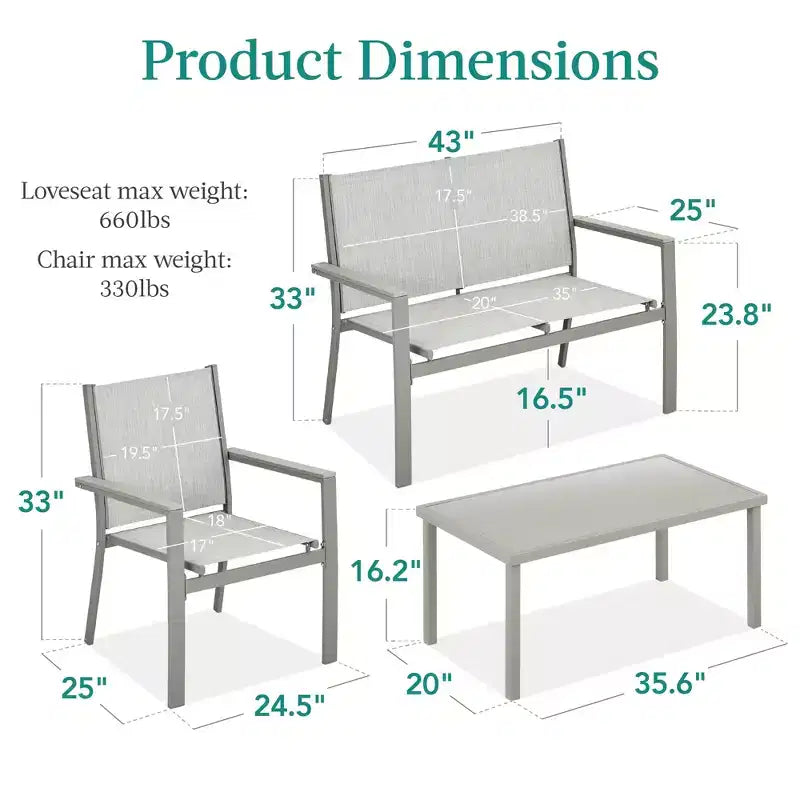 Ensemble de conversation d'extérieur 4 pièces en textilène pour terrasse avec causeuse et table Best Choice Products