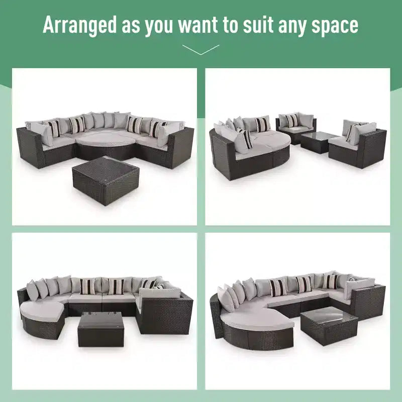 7-Piece Outdoor Patio Wicker Conversation Sofa Set With Colorful Pillows and 1 Glass Table For Garden/Deck, Brown Wicker+Gray Cushion 4W - ModernLuxe