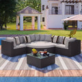 7-Piece Outdoor Patio Wicker Conversation Sofa Set With Colorful Pillows and 1 Glass Table For Garden/Deck, Brown Wicker+Gray Cushion 4W - ModernLuxe
