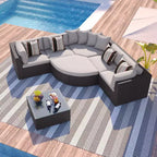 7-Piece Outdoor Patio Wicker Conversation Sofa Set With Colorful Pillows and 1 Glass Table For Garden/Deck, Brown Wicker+Gray Cushion 4W - ModernLuxe
