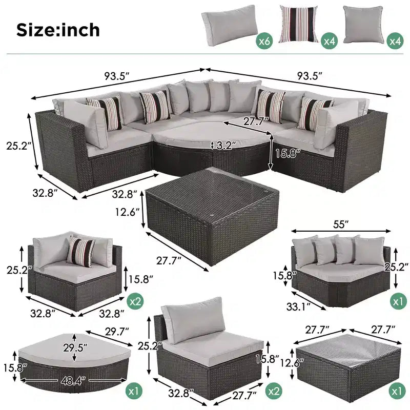 7-Piece Outdoor Patio Wicker Conversation Sofa Set With Colorful Pillows and 1 Glass Table For Garden/Deck, Brown Wicker+Gray Cushion 4W - ModernLuxe