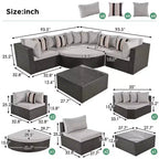 7-Piece Outdoor Patio Wicker Conversation Sofa Set With Colorful Pillows and 1 Glass Table For Garden/Deck, Brown Wicker+Gray Cushion 4W - ModernLuxe