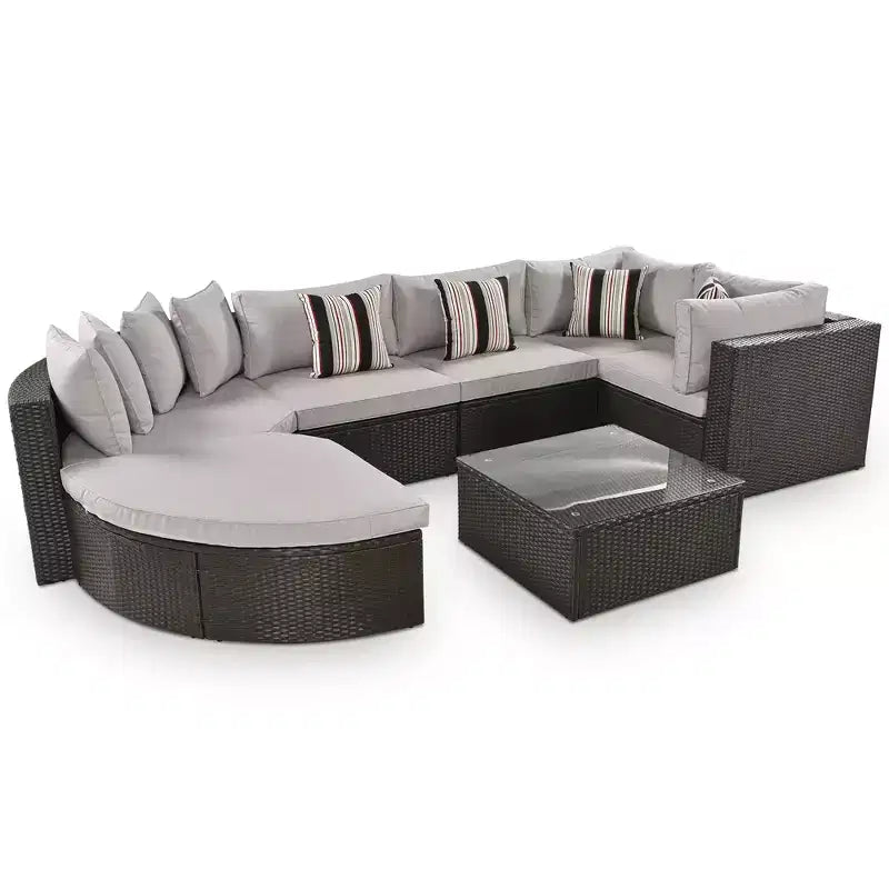 7-Piece Outdoor Patio Wicker Conversation Sofa Set With Colorful Pillows and 1 Glass Table For Garden/Deck, Brown Wicker+Gray Cushion 4W - ModernLuxe