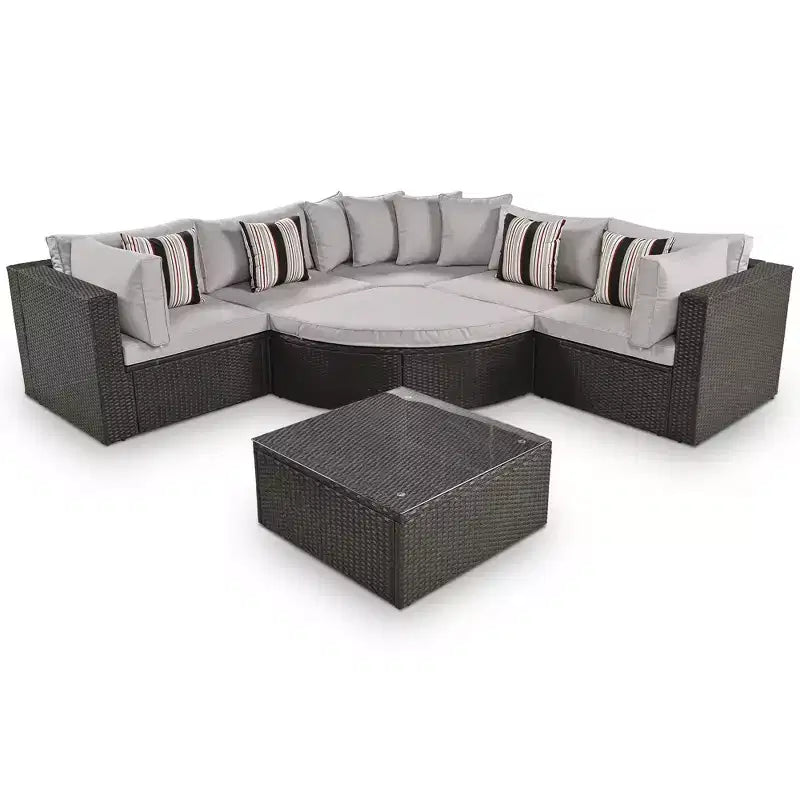 7-Piece Outdoor Patio Wicker Conversation Sofa Set With Colorful Pillows and 1 Glass Table For Garden/Deck, Brown Wicker+Gray Cushion 4W - ModernLuxe