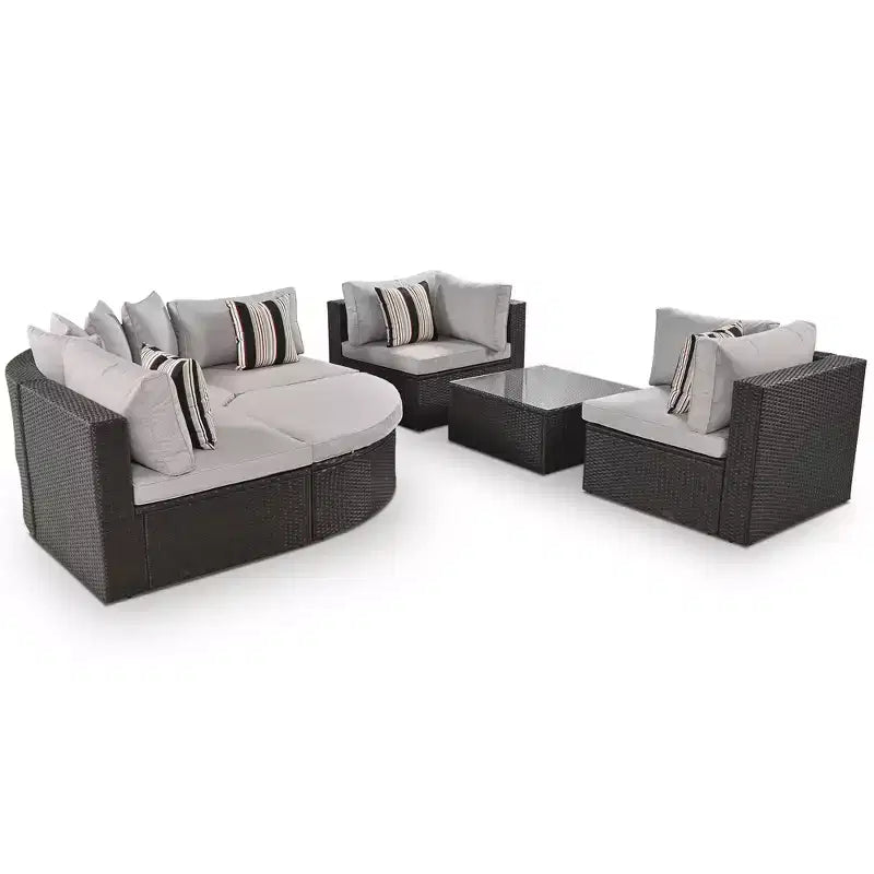 7-Piece Outdoor Patio Wicker Conversation Sofa Set With Colorful Pillows and 1 Glass Table For Garden/Deck, Brown Wicker+Gray Cushion 4W - ModernLuxe