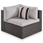 7-Piece Outdoor Patio Wicker Conversation Sofa Set With Colorful Pillows and 1 Glass Table For Garden/Deck, Brown Wicker+Gray Cushion 4W - ModernLuxe