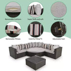 7-Piece Outdoor Patio Wicker Conversation Sofa Set With Colorful Pillows and 1 Glass Table For Garden/Deck, Brown Wicker+Gray Cushion 4W - ModernLuxe