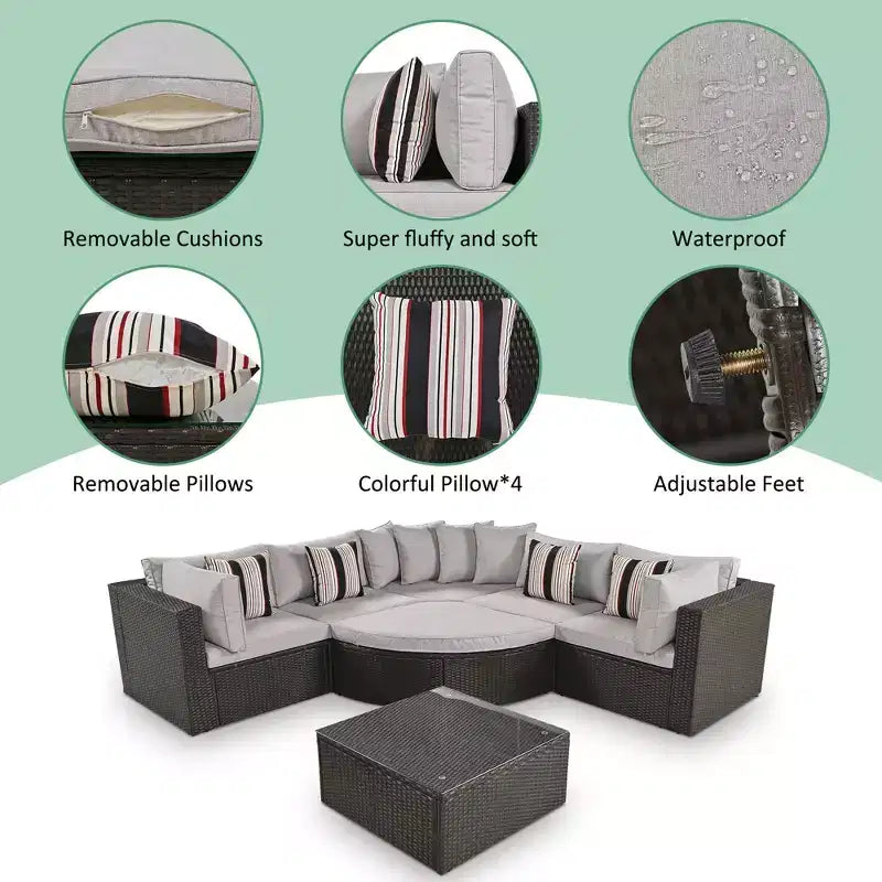 7-Piece Outdoor Patio Wicker Conversation Sofa Set With Colorful Pillows and 1 Glass Table For Garden/Deck, Brown Wicker+Gray Cushion 4W - ModernLuxe