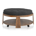Geoffrey Transitional Round Natural Wood Open-Shelf Tufted Ottoman with Wheels by Furniture of America
