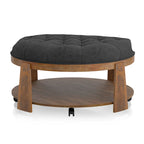 Geoffrey Transitional Round Natural Wood Open-Shelf Tufted Ottoman with Wheels by Furniture of America