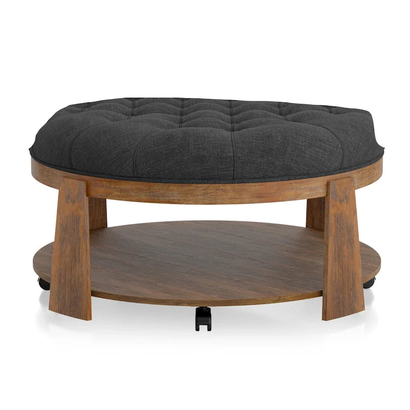 Geoffrey Transitional Round Natural Wood Open-Shelf Tufted Ottoman with Wheels by Furniture of America