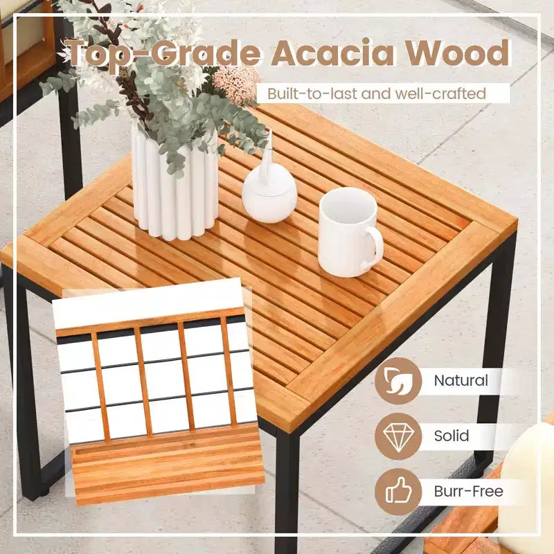 Costway 3 PCS Patio Chair Set Acacia Wood Sofa Set with Metal Support Soft Seat Cushions