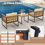 Costway 3 PCS Patio Chair Set Acacia Wood Sofa Set with Metal Support Soft Seat Cushions