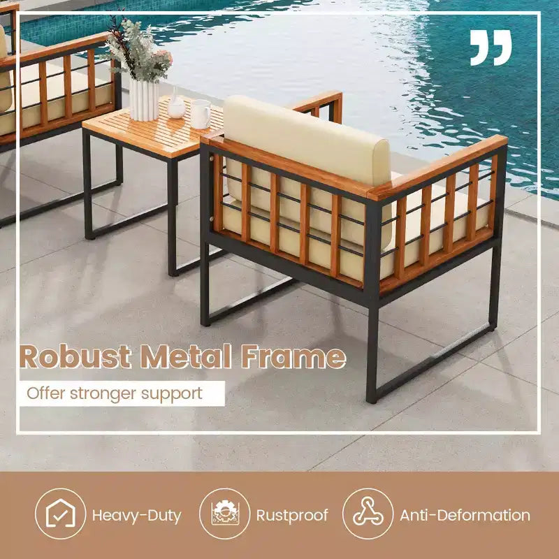 Costway 3 PCS Patio Chair Set Acacia Wood Sofa Set with Metal Support Soft Seat Cushions