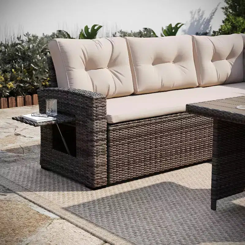 Flash Furniture Huck Indoor/Outdoor Wicker Rattan Conversation Set, L-Shaped Sofa with Dining Table, Weather Resistant Cushions