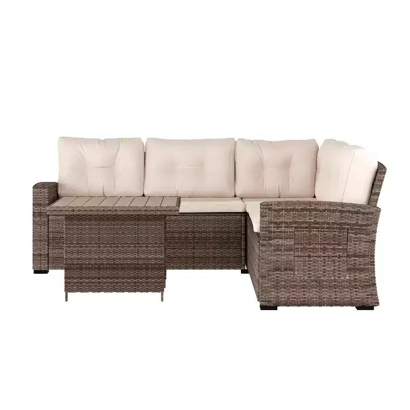 Flash Furniture Huck Indoor/Outdoor Wicker Rattan Conversation Set, L-Shaped Sofa with Dining Table, Weather Resistant Cushions
