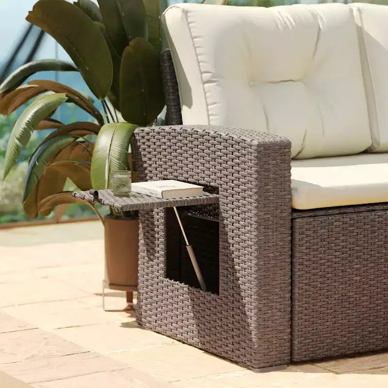 Flash Furniture Huck Indoor/Outdoor Wicker Rattan Conversation Set, L-Shaped Sofa with Dining Table, Weather Resistant Cushions