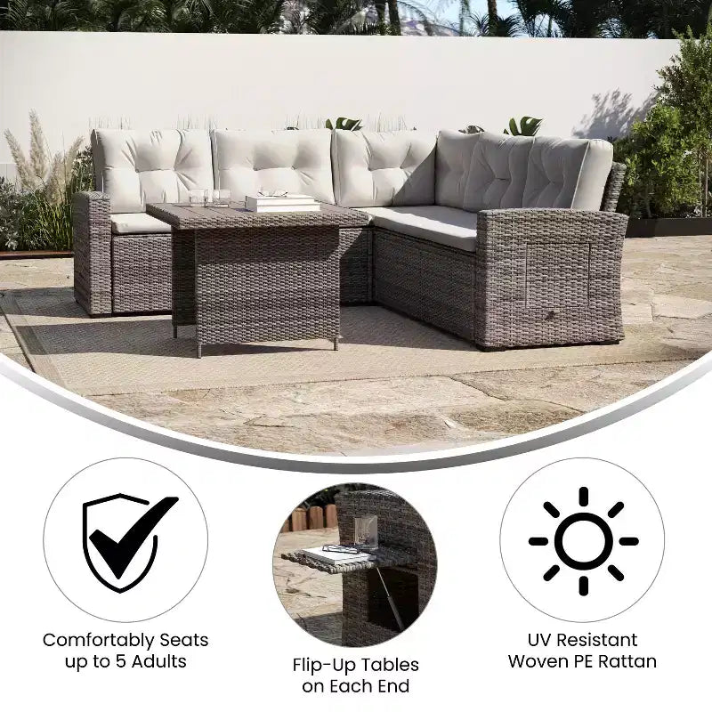 Flash Furniture Huck Indoor/Outdoor Wicker Rattan Conversation Set, L-Shaped Sofa with Dining Table, Weather Resistant Cushions