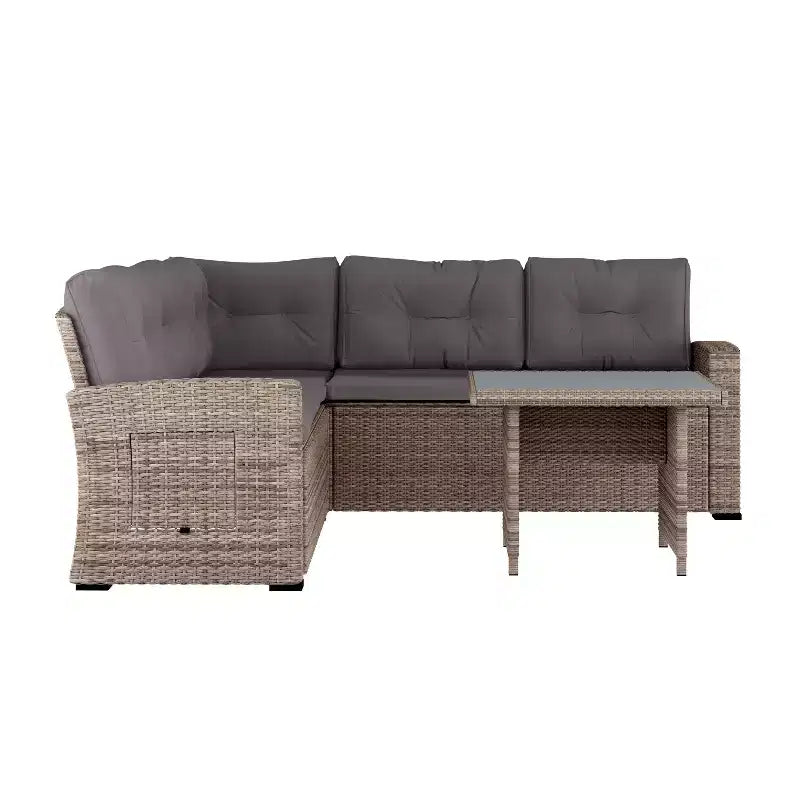 Flash Furniture Huck Indoor/Outdoor Wicker Rattan Conversation Set, L-Shaped Sofa with Dining Table, Weather Resistant Cushions