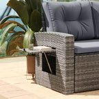 Flash Furniture Huck Indoor/Outdoor Wicker Rattan Conversation Set, L-Shaped Sofa with Dining Table, Weather Resistant Cushions