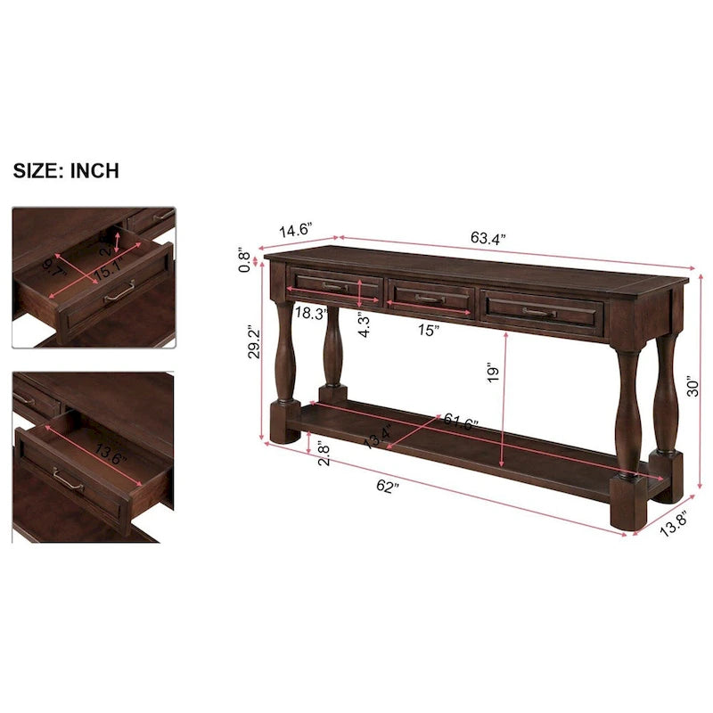 Long Wood Console Table with 3 Drawers and 1 Bottom Shelf
