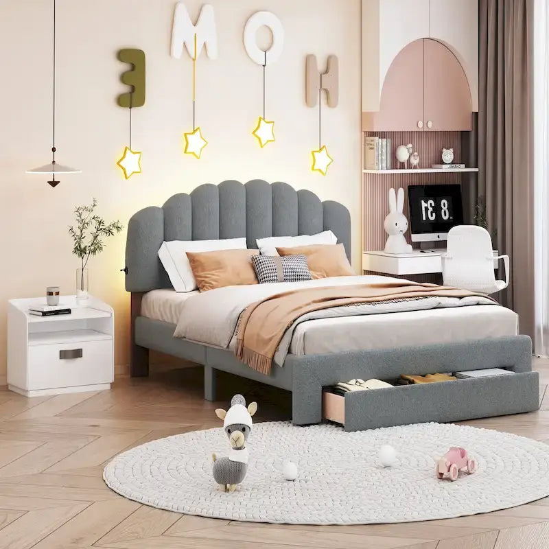 Teddy Fleece Queen Size Upholstered Platform Bed with Drawer