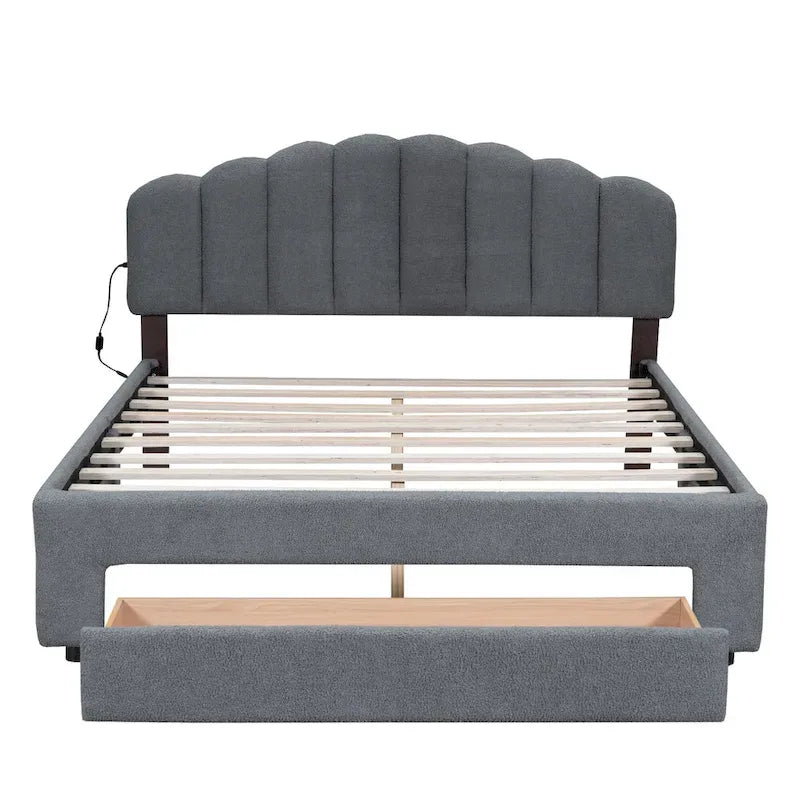 Teddy Fleece Queen Size Upholstered Platform Bed with Drawer