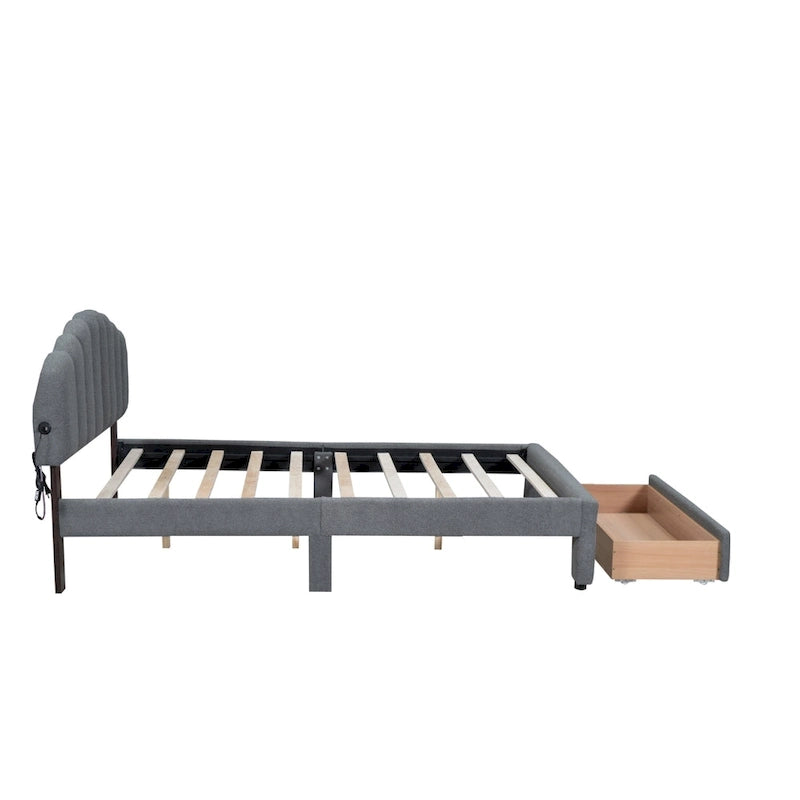 Teddy Fleece Queen Size Upholstered Platform Bed with Drawer