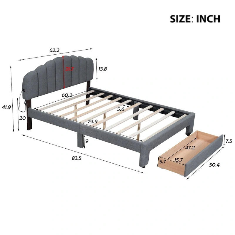 Teddy Fleece Queen Size Upholstered Platform Bed with Drawer