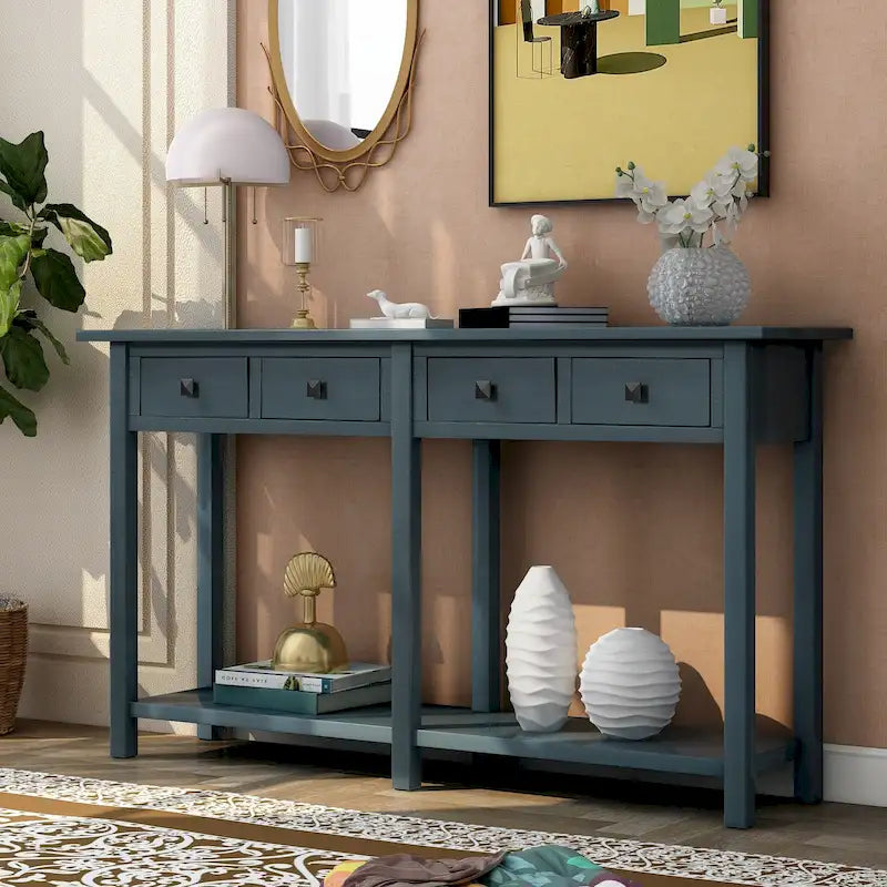 Console d'entrée antique bleu marine avec tiroir et étagère