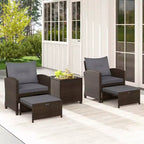 Costway Ensemble de Meubles de Patio en Rotin 5 Pièces avec 2 Ottomans et Table Basse en Verre Trempé Noir/Blanc Cassé/Bleu Marine/Rouge/Gris