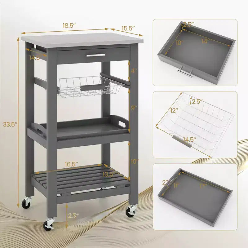 Costway Compact Kitchen Island Cart Rolling Service Trolley with Stainless Steel Top Basket Black/Grey/White