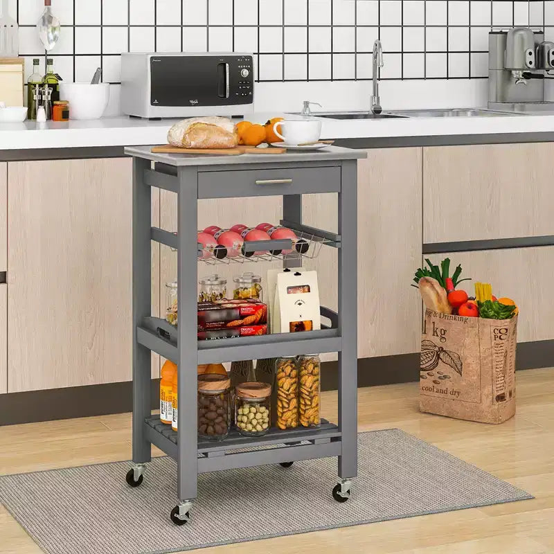 Costway Compact Kitchen Island Cart Rolling Service Trolley with Stainless Steel Top Basket Black/Grey/White