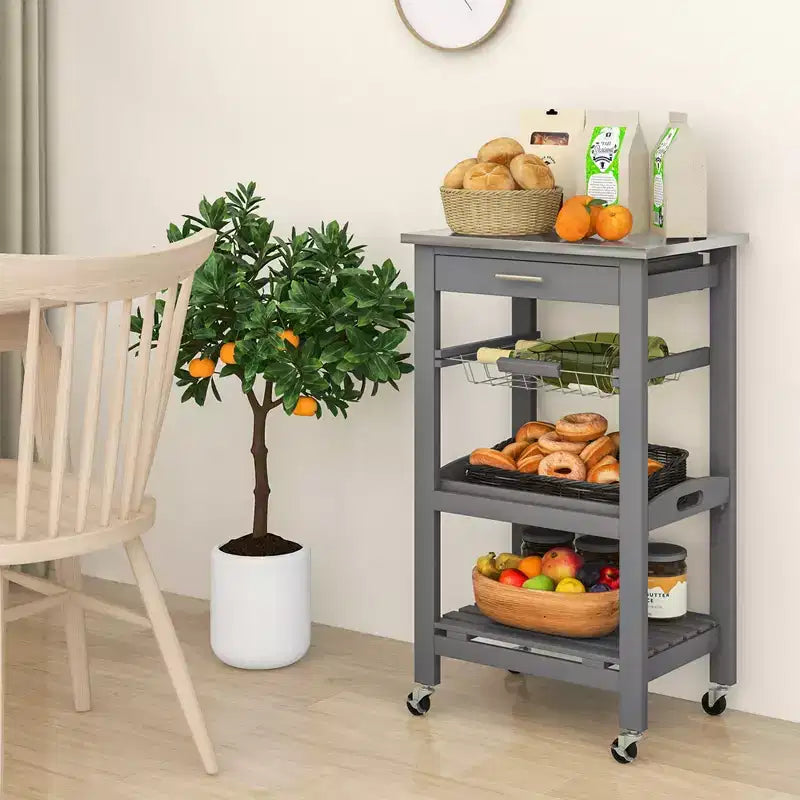Costway Compact Kitchen Island Cart Rolling Service Trolley with Stainless Steel Top Basket Black/Grey/White