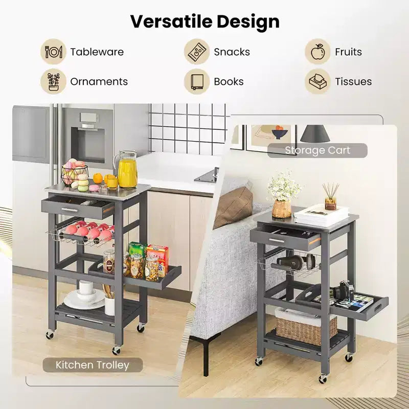 Costway Compact Kitchen Island Cart Rolling Service Trolley with Stainless Steel Top Basket Black/Grey/White