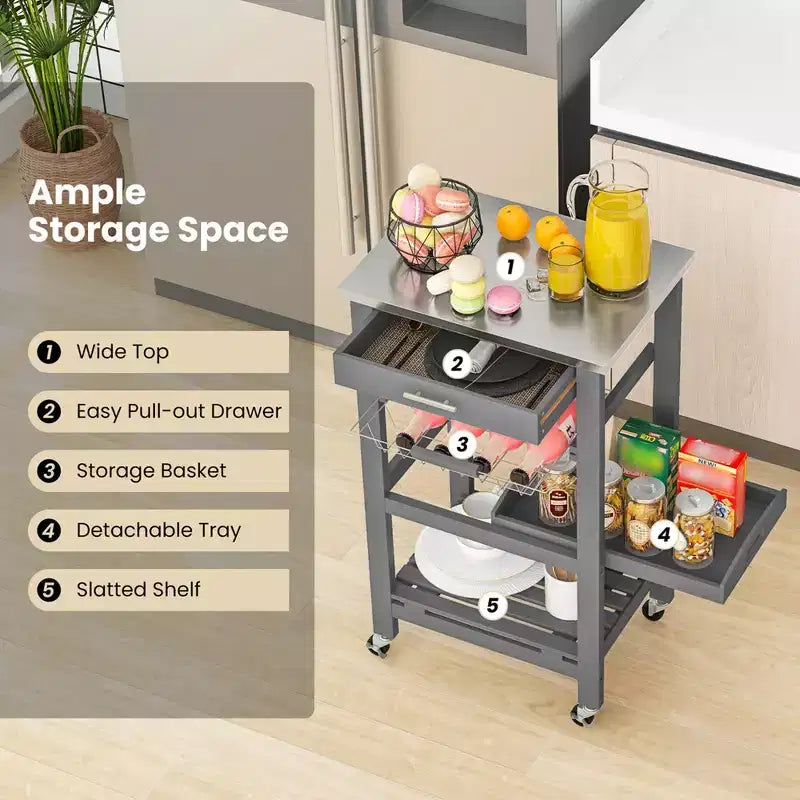 Costway Compact Kitchen Island Cart Rolling Service Trolley with Stainless Steel Top Basket Black/Grey/White